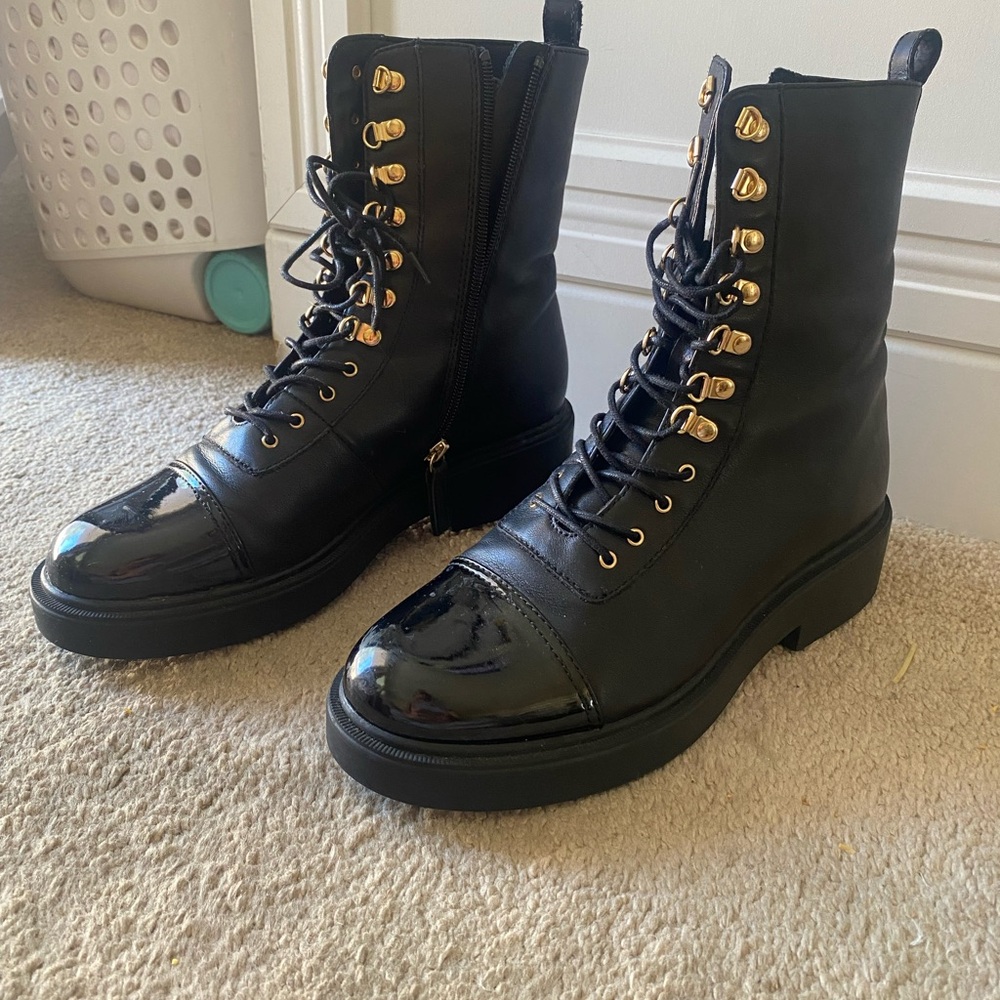Steve Madden Black Glossy Combat Boots with Gold Accents